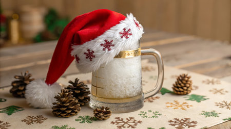 Christmas mug of beer with Santa Claus hat on a wooden background.の素材