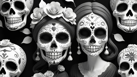 Day of the Dead Sugar Skulls with Flowers, 3d illustrationの素材