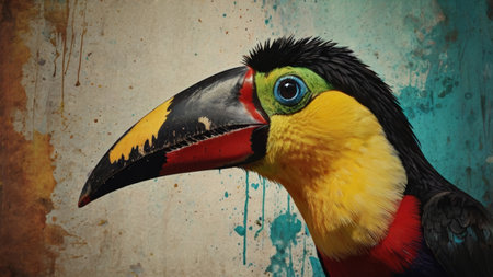 Colorful toucan on grunge background, closeup of photoの素材