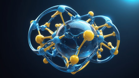 3D illustration of atom with blue and yellow spheres on dark backgroundの素材