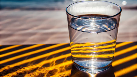 Glass of water on the beach with sunbeams and shadows.の素材