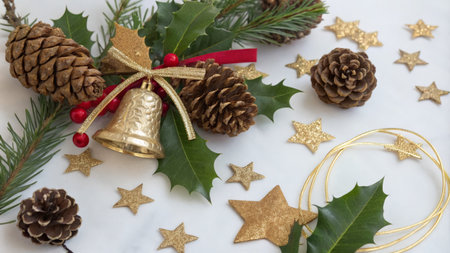 Christmas decoration with evergreen branches, pine cones and golden bells on white backgroundの素材