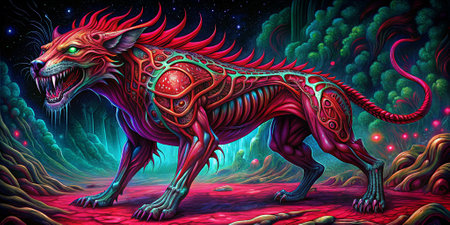 Illustration of a fantasy wolf in the dark forest. Fantasy illustration.の素材