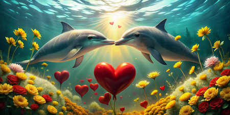 Valentines Day background with dolphins and hearts. 3d renderingの素材