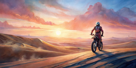 Motocross rider in the desert at sunset. 3d renderingの素材