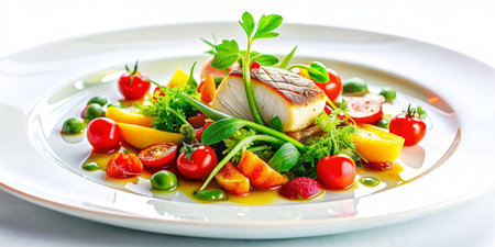 Salad with fish and vegetables on a white background in the restaurantの素材