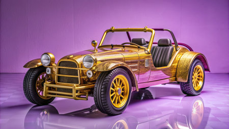 3d rendering of a vintage car on a purple background with reflectionの素材