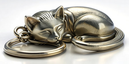 Sleeping cat on a silver ring on a white background.の素材