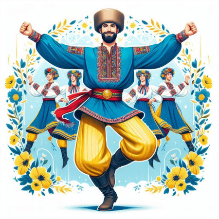 Ukrainian man in national costume dancing folk dance. Vector illustration.の素材