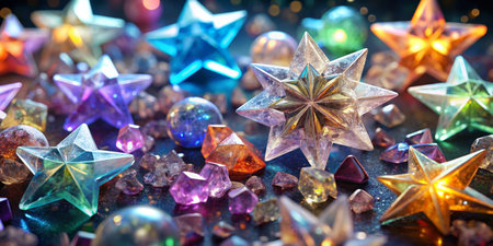 christmas background with colorful stars and bokeh lights, close upの素材