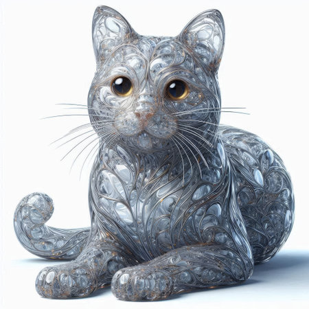 3D rendering of a gray cat with blue eyes sitting on white backgroundの素材