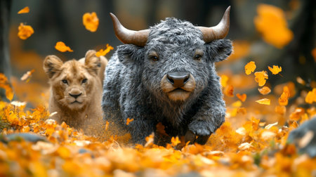 The image depicts a large, gray, horned yak moving through a thick layer of vibrant orange and yellow autumn leaves on the ground. Behind the yak, a lioness with a watchful gaze follows, partially obscured by the out-of-focus foliage. The background suggests a forest setting with blurred trees and falling leaves, creating a dynamic and slightly mysterious atmosphere.の素材