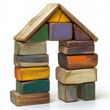 Wooden building blocks in the shape of a house on a white backgroundの素材