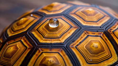 A tortoise rests on a wooden surface with a clear water droplet perched on its shell. The shell shows intricate hexagonal patterns, highlighting the animal's unique texture amid a serene atmosphere.の素材