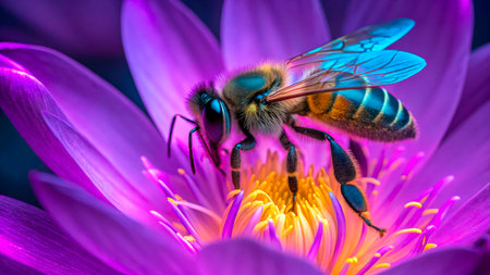 A busy bee collects nectar from a bright purple flower under the warm sun. The scene captures the beauty of nature and the essential role of bees in the ecosystem.の素材