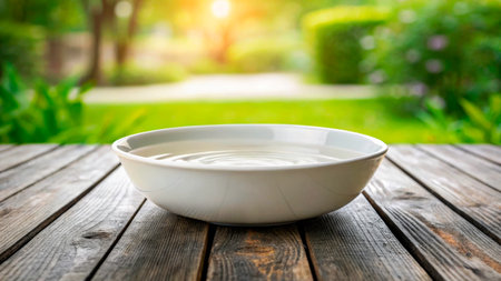 A smooth white bowl sits on a rustic wooden table, filled with clear water reflecting the warm hues of a sunset. Lush greenery surrounds it, creating a peaceful atmosphere.の素材