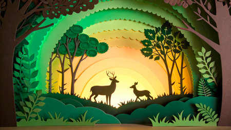 Two deer stand peacefully in a stylized forest at sunset. The layers of paper create a colorful backdrop, showcasing trees and foliage around the serene scene.の素材