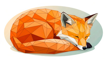 A stylized fox is curled up and asleep, created with vibrant geometric shapes. The fox features orange and white colors against a soothing backdrop, showcasing modern design techniques.の素材