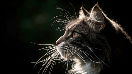 A cat sits quietly, its profile illuminated by soft light. The whiskers stand out against a dark background while its keen eyes gaze thoughtfully into the distance, enjoying the moment.の素材