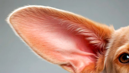 A large, soft dog ear stands out clearly with fine details. The delicate fur and smooth inner texture are highlighted, creating an intimate view of this adorable feature.の素材