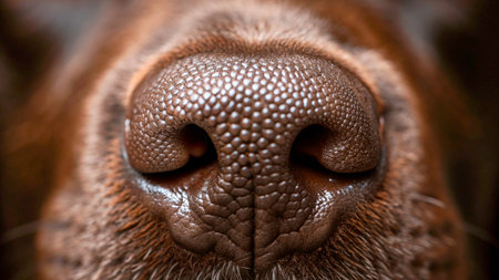 A close-up view captures the intricate texture of a dog's nose, showing its warm tones and details. The setting is cozy, suggesting a pet-friendly home environment.の素材