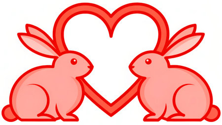 Two cute rabbits face each other, surrounded by a heart shape. This cheerful illustration represents love, making it perfect for Valentine's Day cards or decorations.の素材