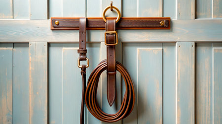 A leather dog leash and collar set are carefully hung on a wooden hook against a soft blue wall. The rich brown leather contrasts beautifully with the light background, creating a cozy atmosphere.の素材