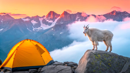 A mountain goat stands on a rock beside a bright yellow tent. The scene is set in a stunning landscape with towering peaks and a colorful sunset sky, creating a serene outdoor atmosphere.の素材