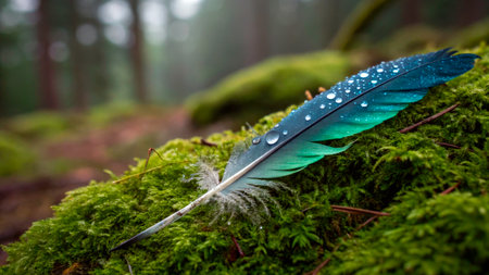 A stunning blue feather lies on a bed of green moss in a serene forest. Raindrops cling to the feather, reflecting the soft light of a misty morning.の素材