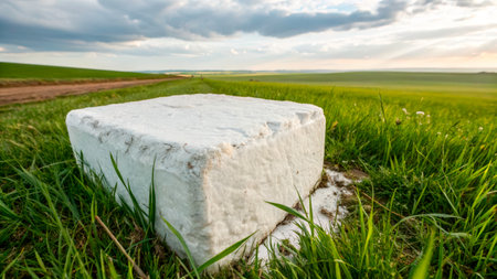 A large white stone sits on lush grass in a rural area. The sun sets behind clouds, casting warm light across the fields. Nature surrounds the stone, creating a serene landscape.の素材