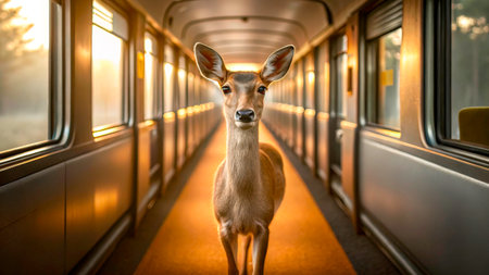 A young deer walks gently down the empty corridor of a train, illuminated by the soft light of sunrise coming through the windows. The atmosphere is serene and unique.の素材