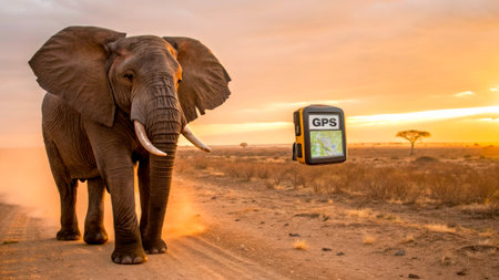 An elephant strolls through a savannah at sunset, with a GPS device floating nearby. The warm colors of the sky create a beautiful backdrop, highlighting the natural surroundings.の素材