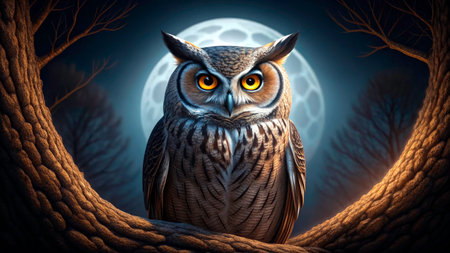 A detailed owl with bright orange eyes sits on a textured tree branch. The full moon illuminates the dark forest, creating a mystical atmosphere.の素材