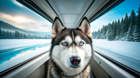A husky with striking blue eyes sits calmly in a train car as snow-covered trees and mountains glide by outside. The scene captures a peaceful winter journey in a scenic landscape.の素材