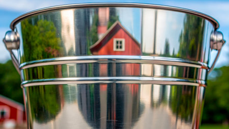 A shiny steel bucket sits in the foreground, reflecting a bright red barn and lush trees in the background. It is a sunny day with a clear blue sky indicating a serene rural setting.の素材