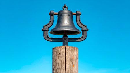 A large, silver bell rests atop a sturdy wooden post, standing out against a bright blue sky. This scene captures a peaceful moment in an outdoor setting, inviting curiosity and admiration.の素材