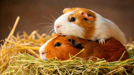 Two adorable guinea pigs snuggle together in a nest made of straw. They enjoy a warm afternoon indoors, creating a peaceful and loving atmosphere.の素材