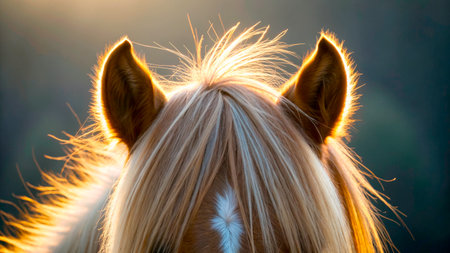 Sunlight creates a beautiful halo effect around the horse's mane as it stands still in a peaceful outdoor location during the evening. The warm light enhances the horse's features and colors.の素材