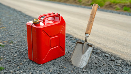 A red fuel can sits beside a metal garden trowel on a gravel path. Green grass lines the road, indicating a countryside or rural area. It is daytime with clear skies.の素材