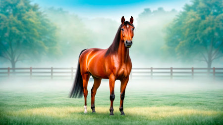 A brown horse stands confidently in a misty field during early morning. The lush green grass and trees create a serene backdrop for this beautiful scene.の素材