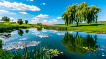 A serene pond reflects fluffy clouds and trees on a sunny day. Lush green grass and vibrant plants surround the water, creating a peaceful atmosphere perfect for relaxation.の素材