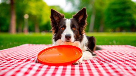 A playful border collie lies on a red and white checkered picnic blanket in a sunny park. The dog looks eagerly at an orange frisbee, ready for fun outdoor activities.の素材
