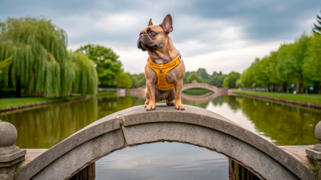 A French Bulldog confidently stands on a stone bridge overlooking a peaceful park lake. The trees line the water and cloudy skies create a serene atmosphere.の素材