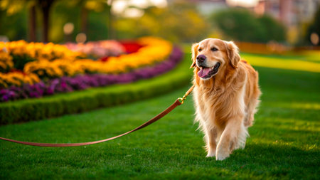A golden retriever walks happily on a leash in a lush green park. Colorful flower beds surround the path, and the sun shines brightly overhead, creating a cheerful atmosphere.の素材
