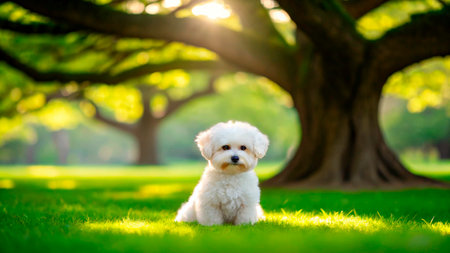 A small fluffy white dog sits on vibrant green grass in a sunny park. Large trees provide shade and a peaceful atmosphere. The sun shines through the leaves, creating a warm glow.の素材