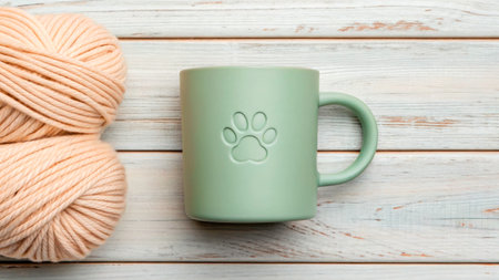 A green mug featuring a paw print design sits beside a cozy bundle of soft pink yarn. The rustic wooden surface adds warmth to the cozy scene, perfect for pet lovers and crafters.の素材
