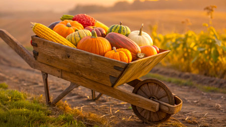 A wooden wheelbarrow brims with pumpkins and gourds set against a glowing sunset. The warm light highlights a tranquil rural landscape with fields stretching into the horizon.の素材