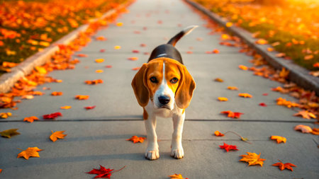 A playful beagle stands on a sidewalk adorned with colorful autumn leaves. The sun shines brightly, highlighting the vibrant colors of the season. The park setting provides a serene atmosphere.の素材
