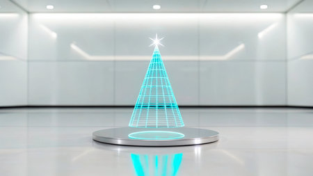 A digital Christmas tree stands in the center of a sleek, modern room. Its glowing lines form a triangular shape, with a bright star on top, creating a festive atmosphere.の素材