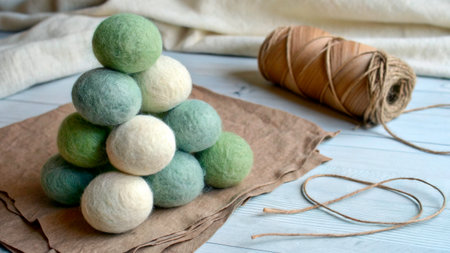 Small, colorful felt balls are carefully stacked in a pyramid shape on a light wooden surface. Natural twine and packaging paper are also present in the scene, creating a creative crafting atmosphere.の素材